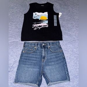 Girls Black Graphic Tank Top and Denim Shorts Set 10/12